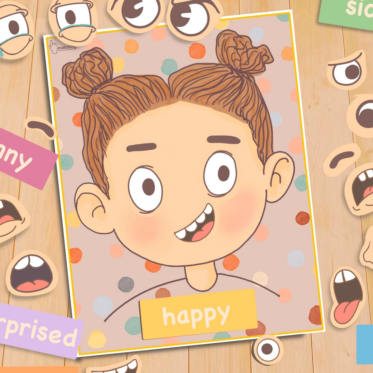 Emotions Activity for Kids Girl Version Printable Toddler Feeling Chart Quiet Book Page Preschool Homeschool Pre-K Learning Matching Game